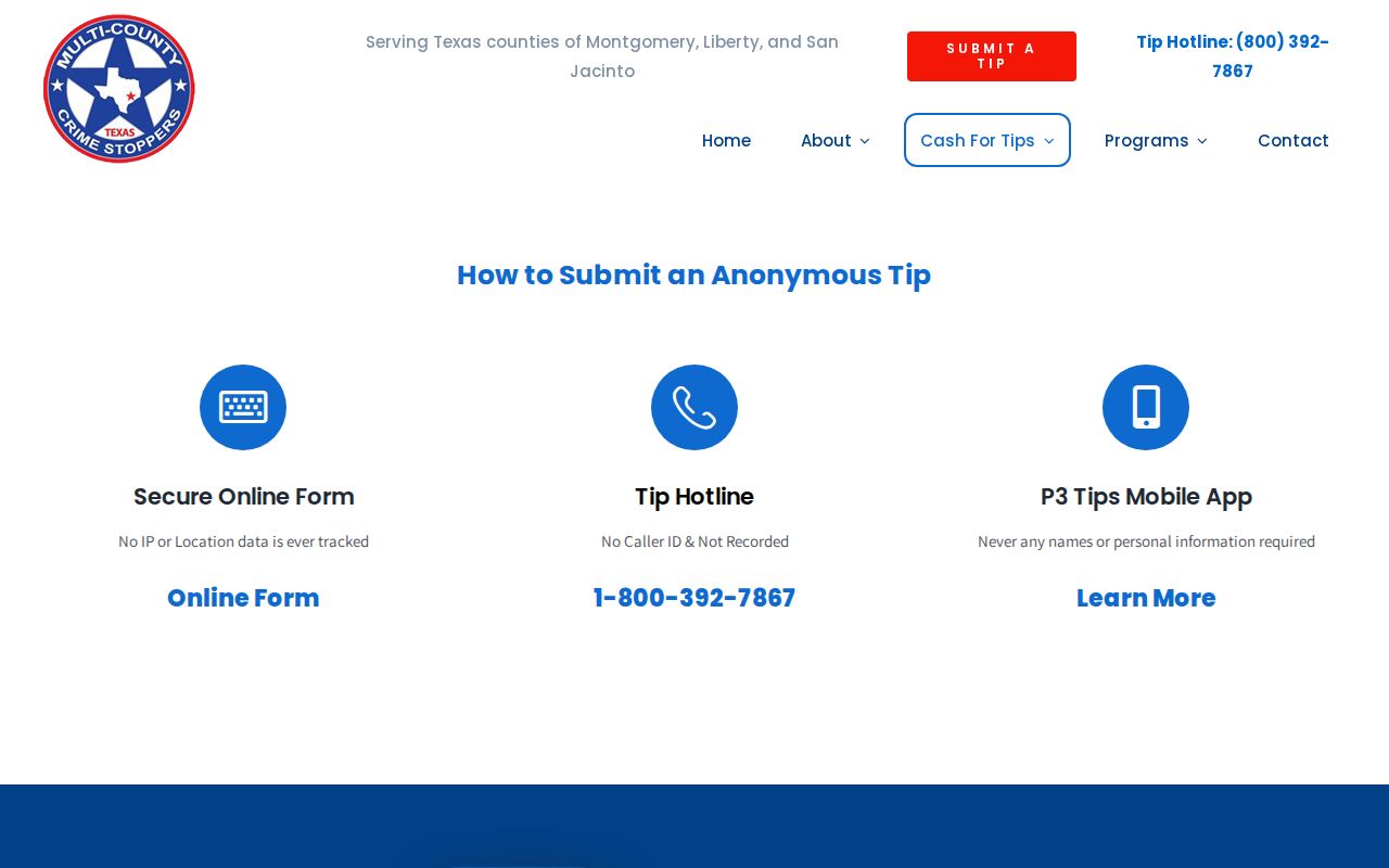 San Jacinto County warrant search anonymous tip channels and Tip ID