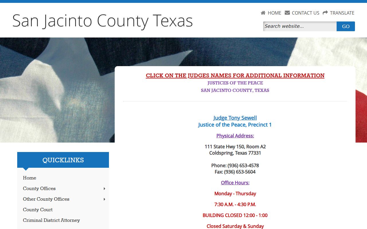 San Jacinto County warrant records four justice court precinct directory