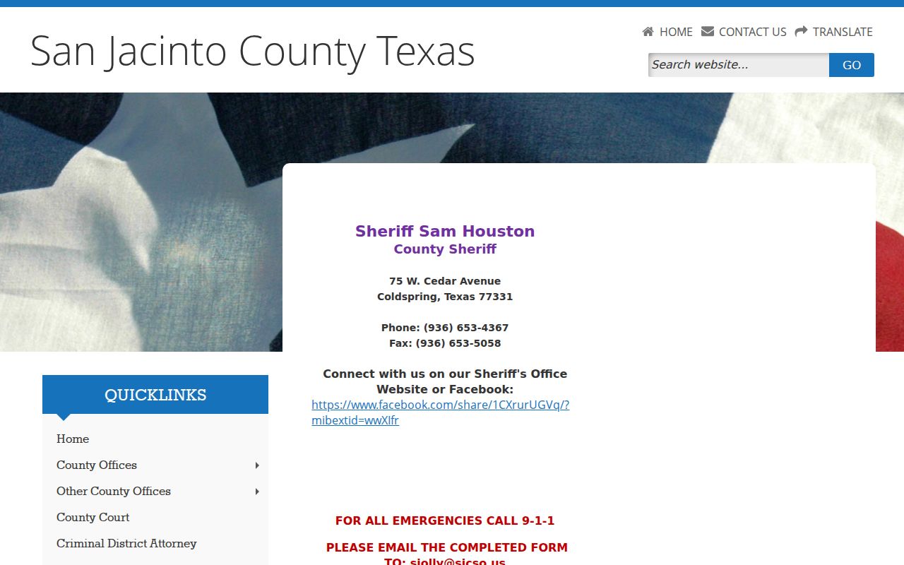 San Jacinto County warrant records sheriff contact page